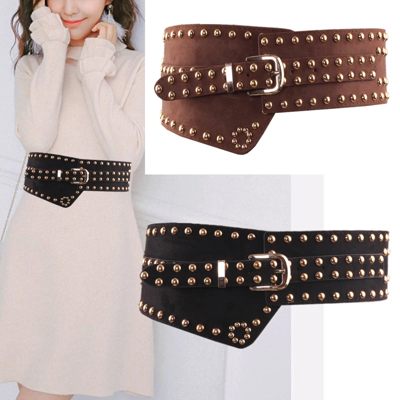 

Women Fashion High Quality Elastic Fannel Rivet Retro Width Waistband Slim Corset Emale Dress Coat Fur Hige Waist Accesso