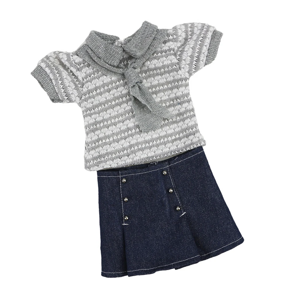 Милая джинсовая юбка и серая полосатая с коротким рукавом для 18 дюймов