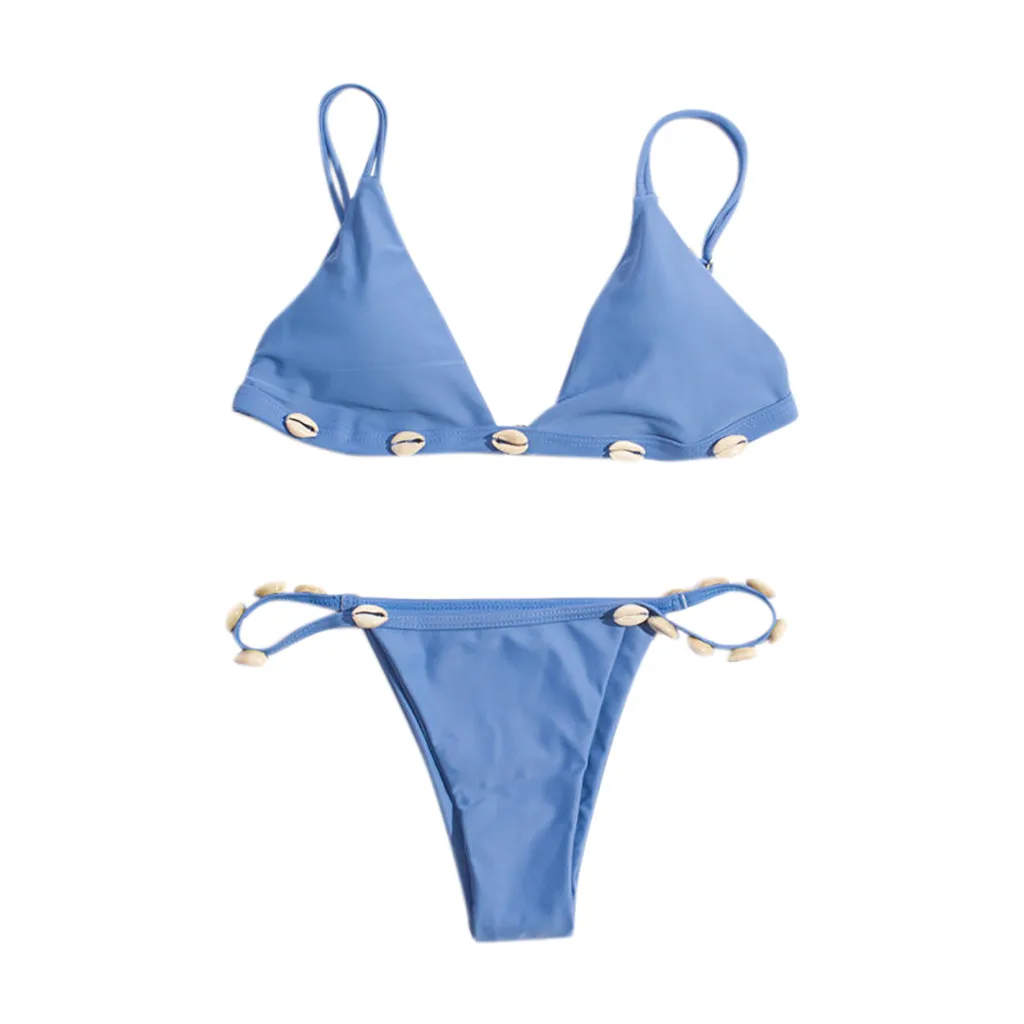 Женское бикини 2020 сексуальный однотонный комплект с ракушками и эффектом пуш-ап