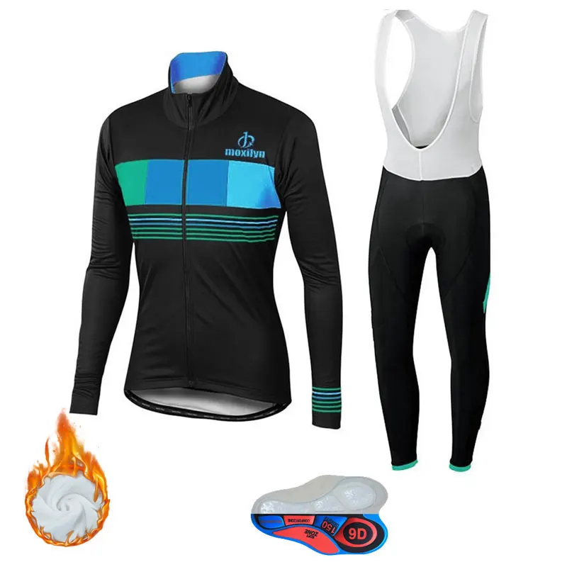 blue set fleece Одежда для велоспорта, комплект с нагрудником, с длинным рукавом, велосипедная Джерси, Ropa Ciclismo, велосипедная Джерси, быстросохнущая Мужская спортивная одежда, MTB, велосипедная одежда - Цвет: blue set fleece