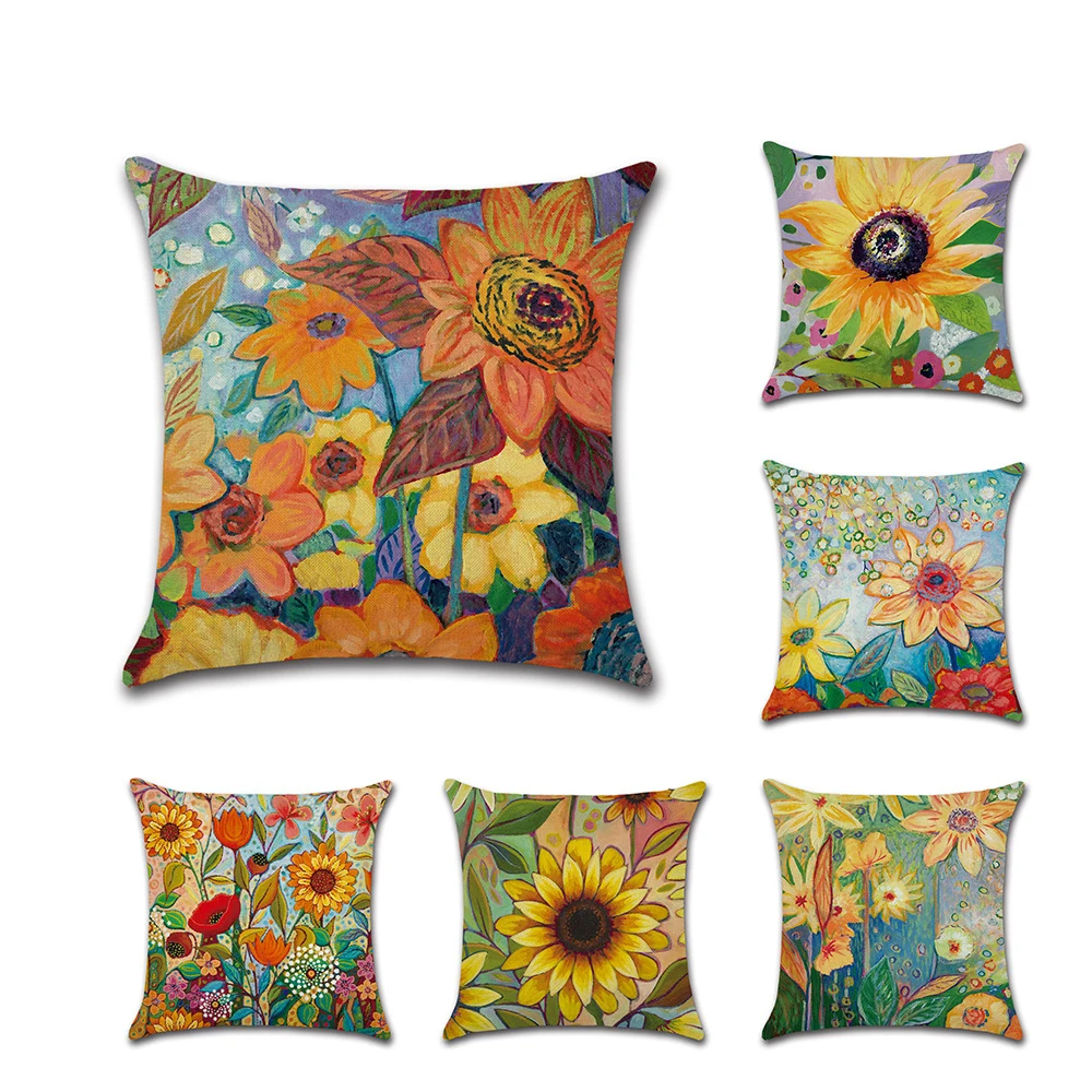 

45*45cm Linen Pillow Case Plants Leaf Cushion Covers Sunflower Cushion Cover Decorative Beige