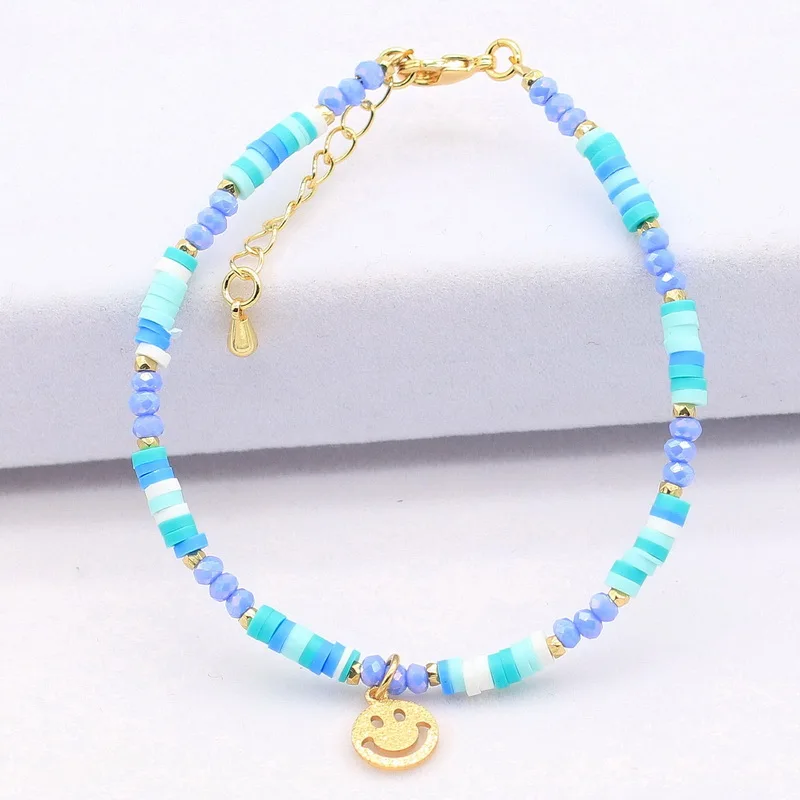 

Blue Soft Pottery Beads Bracelet for Women Gold Plated Smiley Face Charm Jewelry 2021