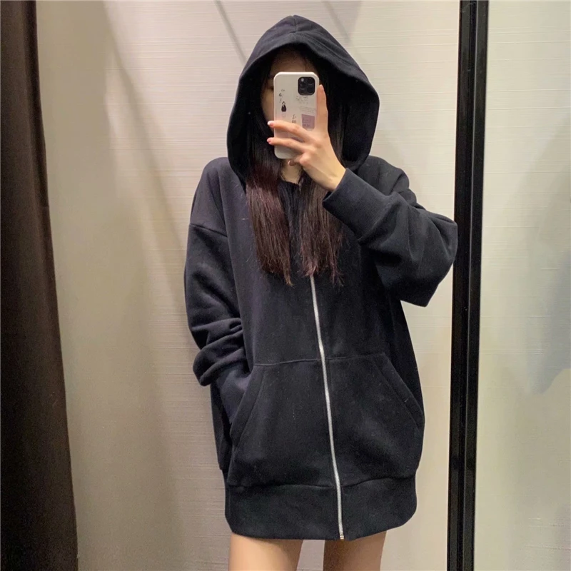 

ZXQJ Streetwear Women Solid Hoodies 2021 Fashion Ladies Cotton 100% Loose Tops Causal Female Chic Pocket Zipper Long Hooded