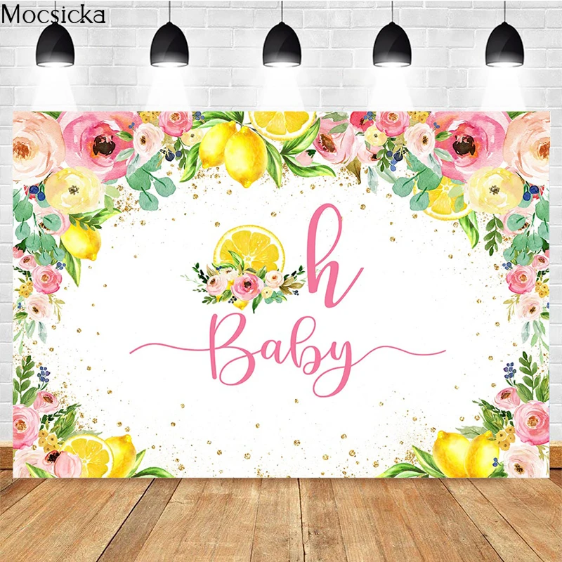 

Mocsicka Oh Baby Photography Background Lemon Flowers Golden Glitter Decoration Props Newborn Baby Shower Photo Backdrop Banner