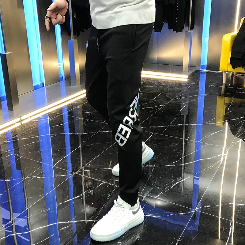 European station autumn 2020 handsome badge embroidered letters color printing fashion brand Leggings slim casual pants for men | Мужская