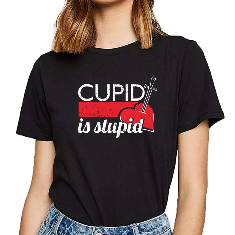 

Tops T Shirt Women cupid is stupid anti valentines my anti valentine O-Neck Vintage Short Female Tshirt