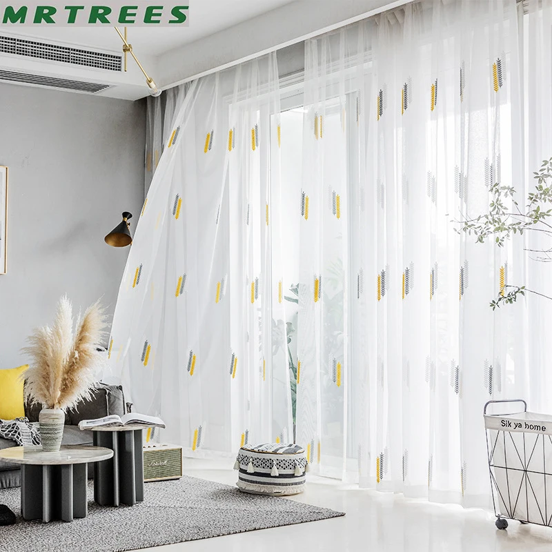 

MRTREES Embroidery Wheat Ears Tulle Curtains for Living Room Bedroom Kitchen Sheer Windows Treatment Volie Curtains Home Decor