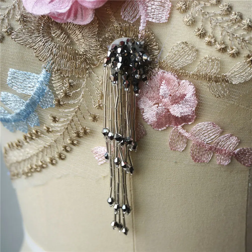 Розовая синяя 3D Цветочная кружевная ткань блестящие бусины бахрома вышитая