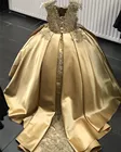 Новинка 2021, атласное платье с золотыми цветами для девочек, детское платье на день рождения, Пышное Платье
