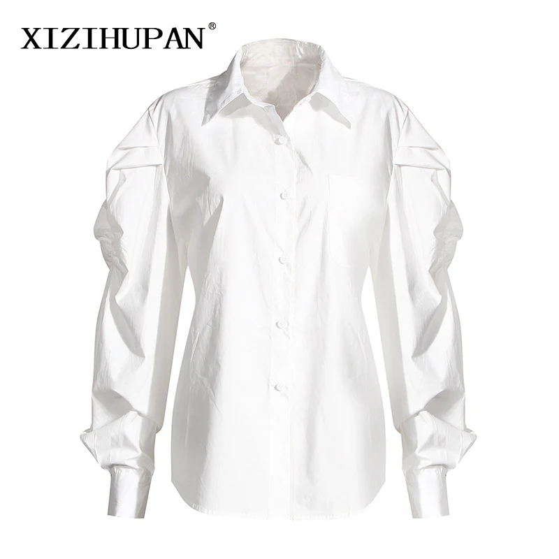 

XIZIHUPAN Casual Minimalist Shirt For Women Lapel Collar Lantern Sleeve Long Loose Shirts Female 2021 Autumn Clothing Fashion