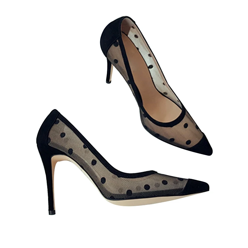 Новые летние дышащие сетчатые туфли в горошек на тонком высоком каблуке с острым