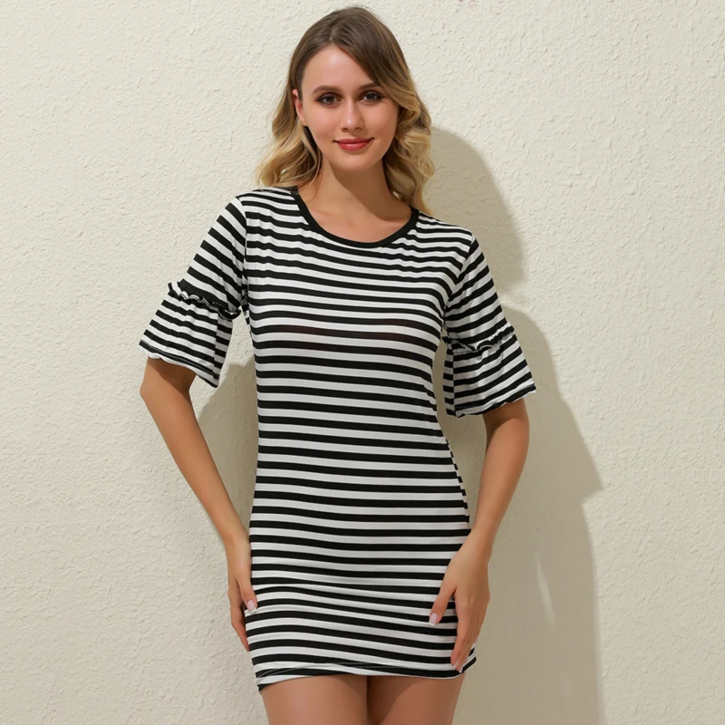 Женское Полосатое платье в Корейском стиле тонкое Повседневное с коротким