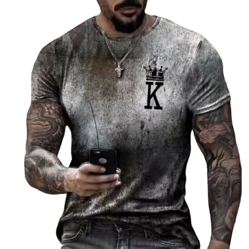 

New Fashion Men Tshirt Round Neck Vintage Clothes Poker K Color Changing Print Short Sleeve T Shirt Men Casual Top Tees