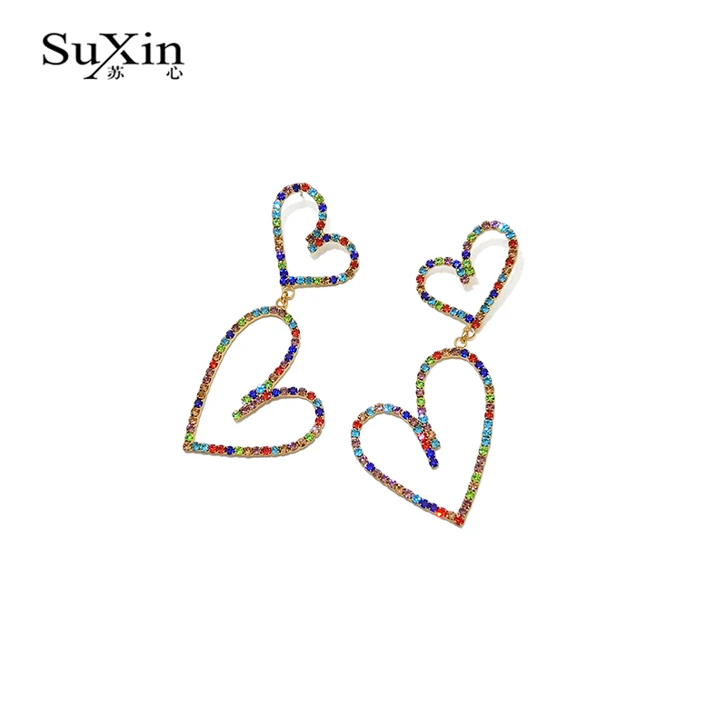 Suxin серьги 2020 новый темперамент полые Двойные сердца для женщин Длинные любовь