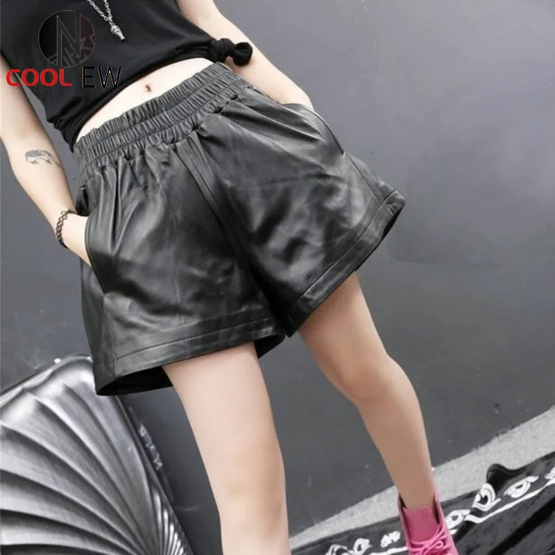 

Genuine Leather Shorts Women Luxury Elastic Waist Loose Sheepskin Wide Leg Shorts Street Autumn Winter Casual Shorts Plus Size
