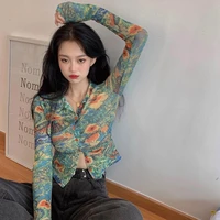 summer women casual thin blouse shirt casual streetwear floral printed buttons elastic shirts feme sexy skinny short teestops