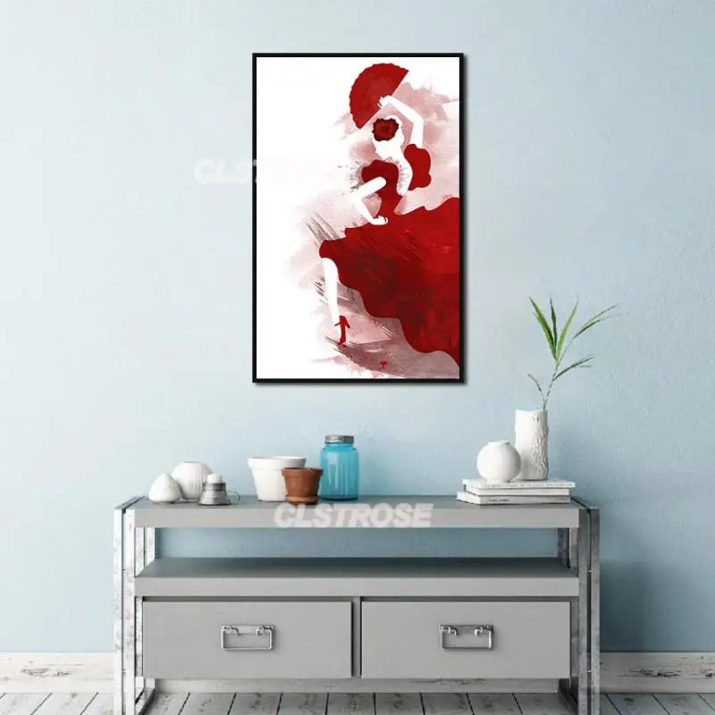 

Figure Canvas Painting Wall Art Red Skirt and Fan Poster Home Decoration Bedroom and Living Room Frameless Style