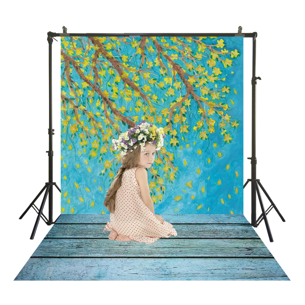Фотофон из полиэстера с деревянным полом желтые цветы лепестки падающая картина