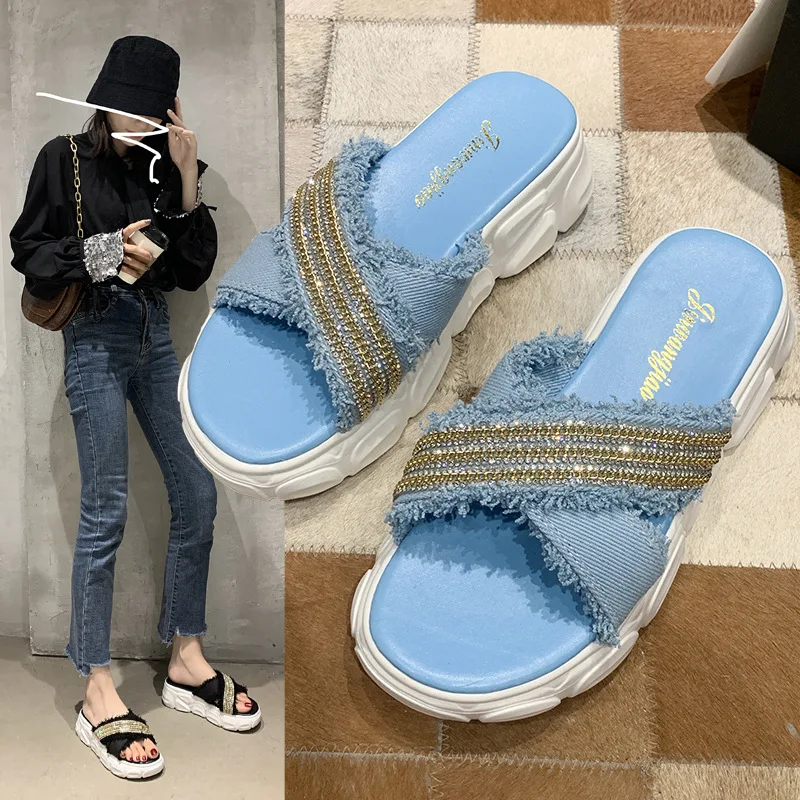 

2020 New Summer Thick Bottom Fashion Slippers Women Leisure Beach Shallow Med (3cm-5cm) Wedges Slides Outside Cloth Mixed Colors