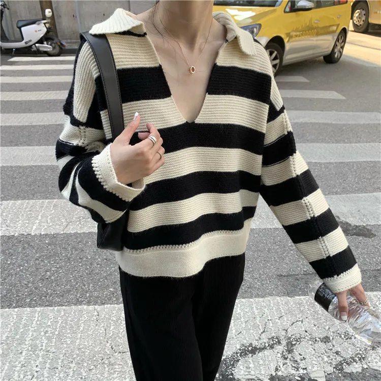 

WAVSIYIER stripe turn-down thick sweater women oversized solid korean pullover 2020 spring winter woman vintage jumper knitted