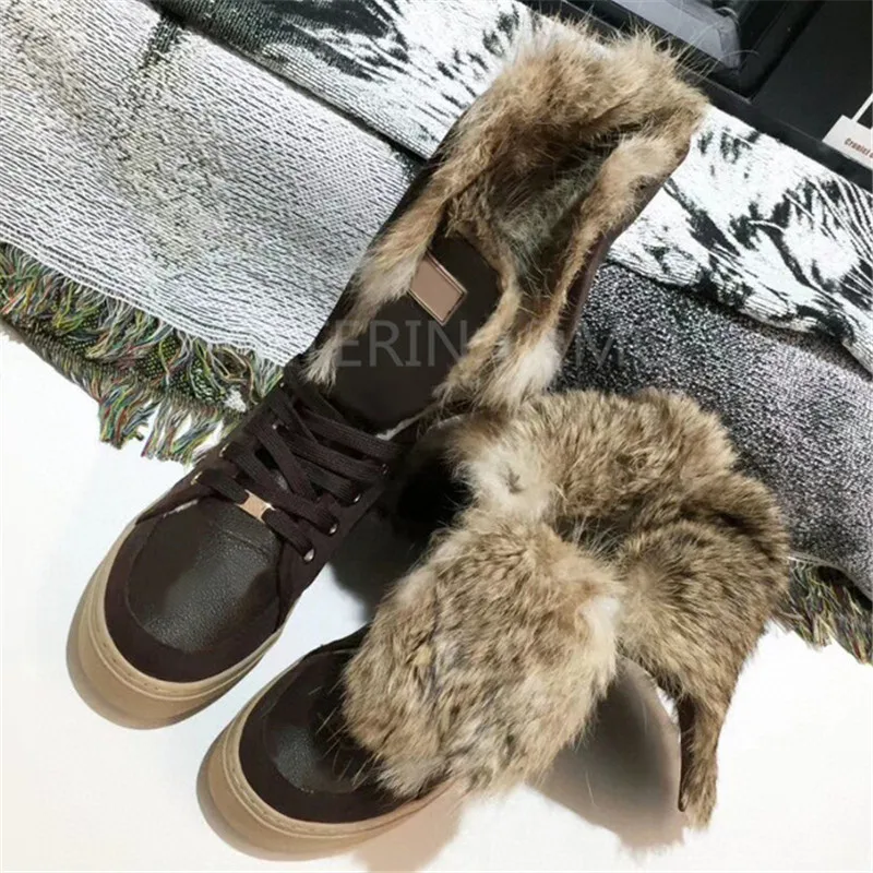 

Luxury Brand Winter Women Mid Calf Boots Snow Boots Furry Warm Real Rabbit Fur Mixed Colors Martin Boots Causal Shoes Leisure