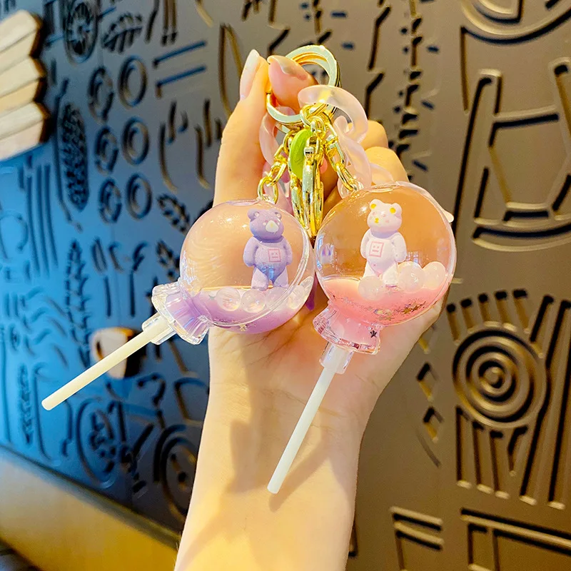 

Liquid Lollipop Keychain Cute Floating Bear Key Chain Car Keyring Bag Pendant Gift Jewelry Woman Backpack Decoration