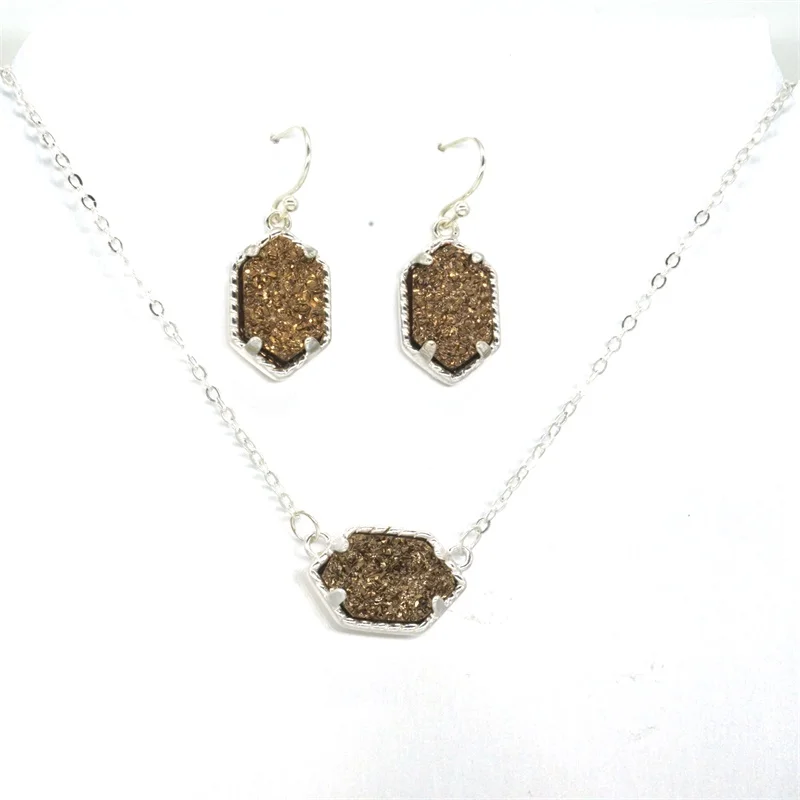 Druzy Drusy ожерелье серьги ювелирный набор смолы кристалл серьги с камнем серебряный бренд шестиугольник Висячие серьги для женщин вечерние - Окраска металла: D brown
