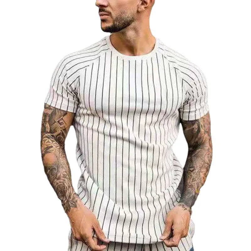 

2021 Men's Casual Round Neck T-Shirt Comfortable Skin-Friendly Fashion Striped Print Short Sleeve