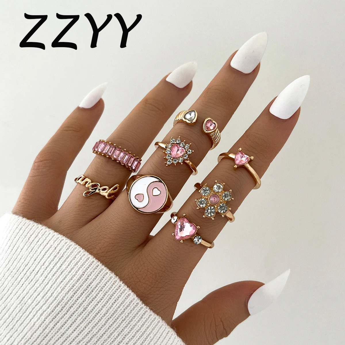 

ZZYY 6-8 Pcs Cute Metal Gold Heart Rings Set for Women Punk Letter Goth Shinestone Aesthetic Y2k Accessories Jewelry Gift 2021