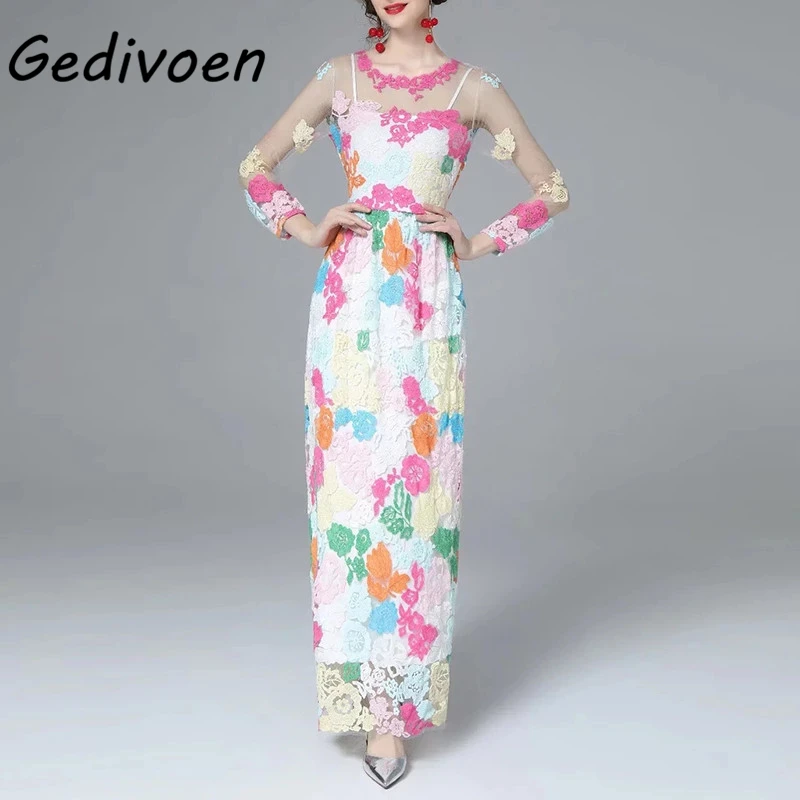 

Gedivoen Runway Spring Fashion Woman Embroidery Maxi Dress Elegant Full Sleeve O-Neck Mesh Flower Pattern A-Line Long Dresses
