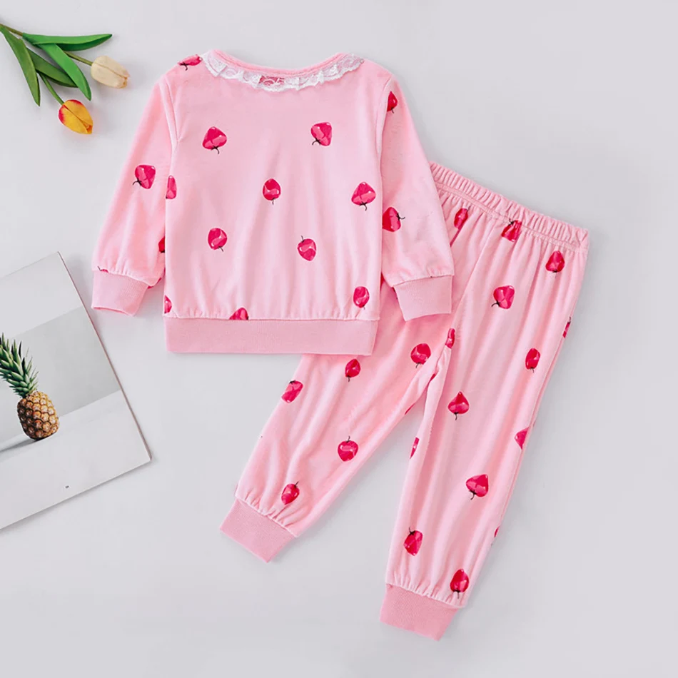 Spring Autumn Baby Girls Thin Flannel Pajama Set Cute Cartoon Lace Homewear Pyjamas Kids Casual Clothing Suit Children 1-6 Years