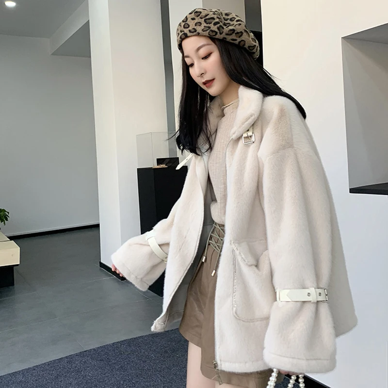 

GAMPORL Faux Mink Fur Coats Fashionable Women's Warm Clothes Autumn&Winter Thick Plush Outerwear 2021 Luxury Round Neck Coats