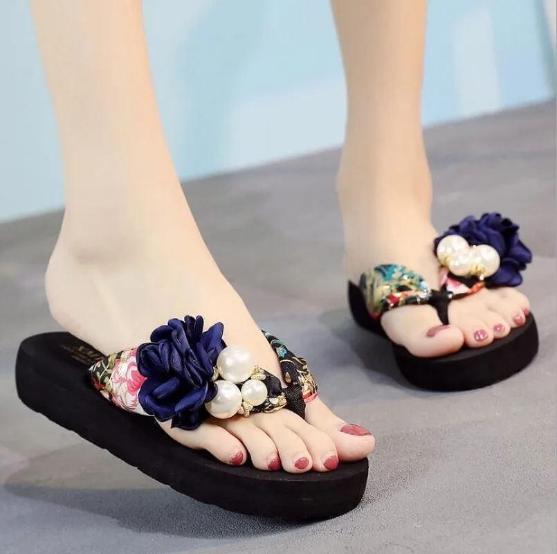 

summer beach flip flops women's sandals Handmade flowers casual clip flat sandals slippers outside wearing women's shoes c587