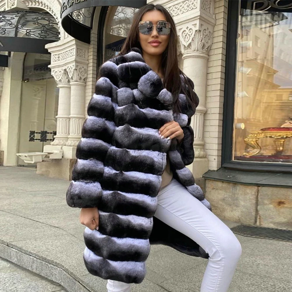 Women Fashion Genuine Rex Rabbit Fur Coat Thick Warm Fur Overcoat Winter New Woman Whole Skin Natural Rex Rabbit Fur Coats 2021