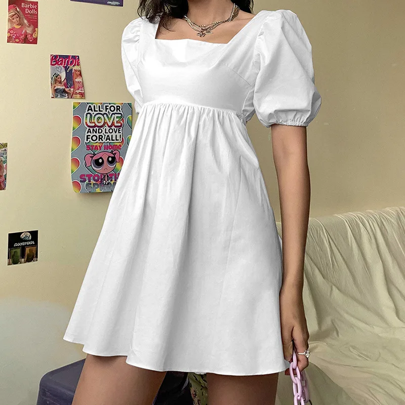 

AL Female Summer Dress Fashion White Elegant Bubble Sleeve Back Beach Party Leisure Vacation A Word Collar Sexy Mini Slim Dress