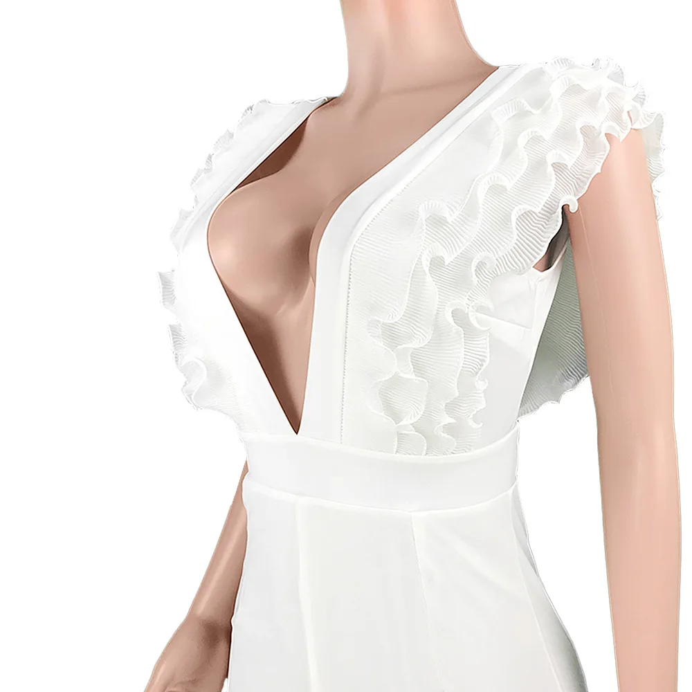 

Backless Sexy Nightclub White Jumpsuits Cascading Ruffles Deep V Sleeveless Zipper Summer Women Casual Business Elegant Overalls
