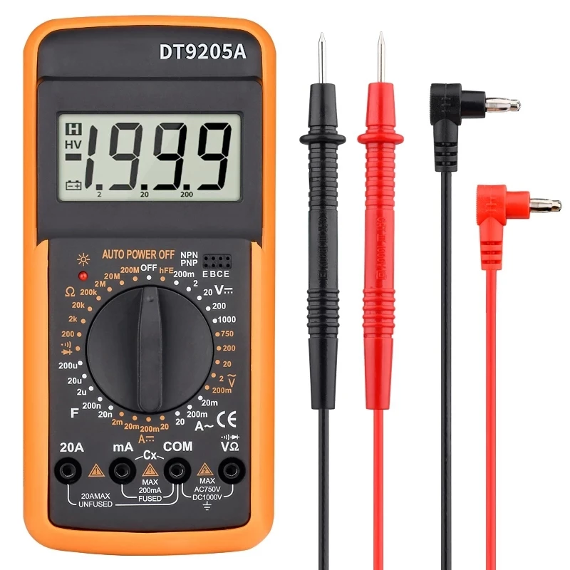 

Мультиметр DT9205A, профессиональный, ручной тестер, емкость HFE, переменный ток, постоянный ток, 1000 В, 20 А, измеритель напряжения, тестер транзист...