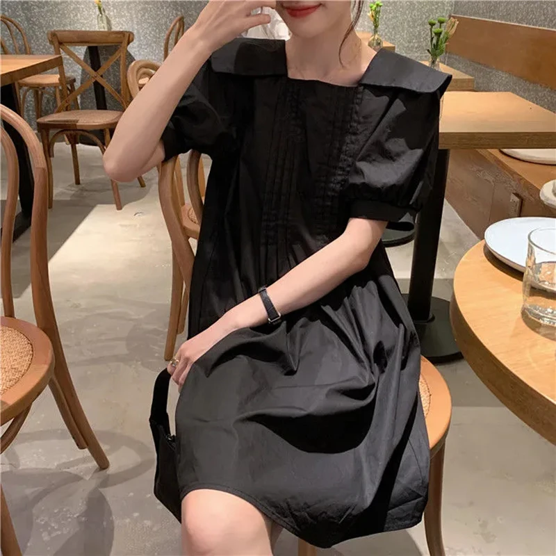 

Summer Vintage Square Collar Long Folds Midi Dress Korean Style Solid Color Puff Sleeve A-line Women Dress New Slim Loose Dress