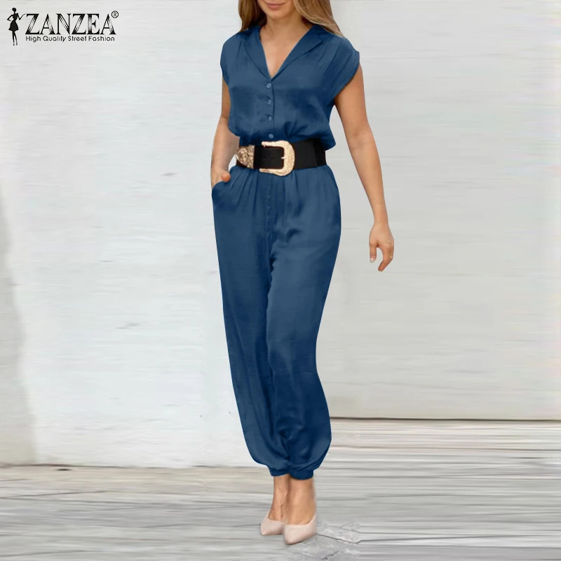 2022 Summer Solid OL Rompers Women Fashion Long Jumpsuits ZANZEA Lapel Short Sleeve Overalls Casual Loose Maxi Playsuit Oversize |
