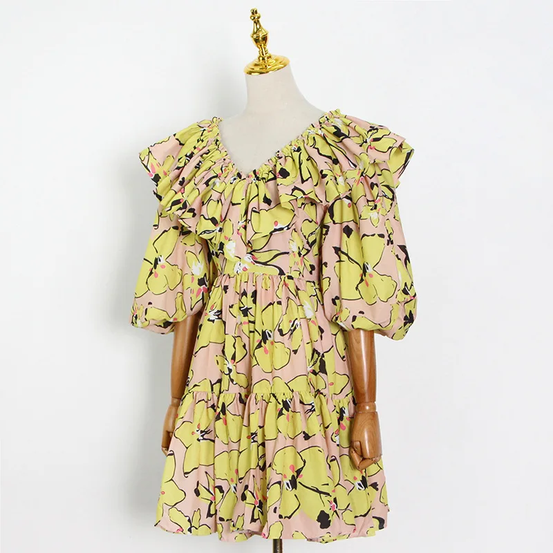 

Real Photos Elegant Women Printing Party Dresses High Quality Ruffles Pleats V-neck Puffy Sleeve High Waist Charming Club Dress