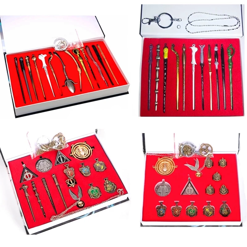 

Wand Metal Keychain Necklace Baguette Harri Magic Metal Deathly Hallows Pendants Figures Box Packed Toy Set Christmas Gifts