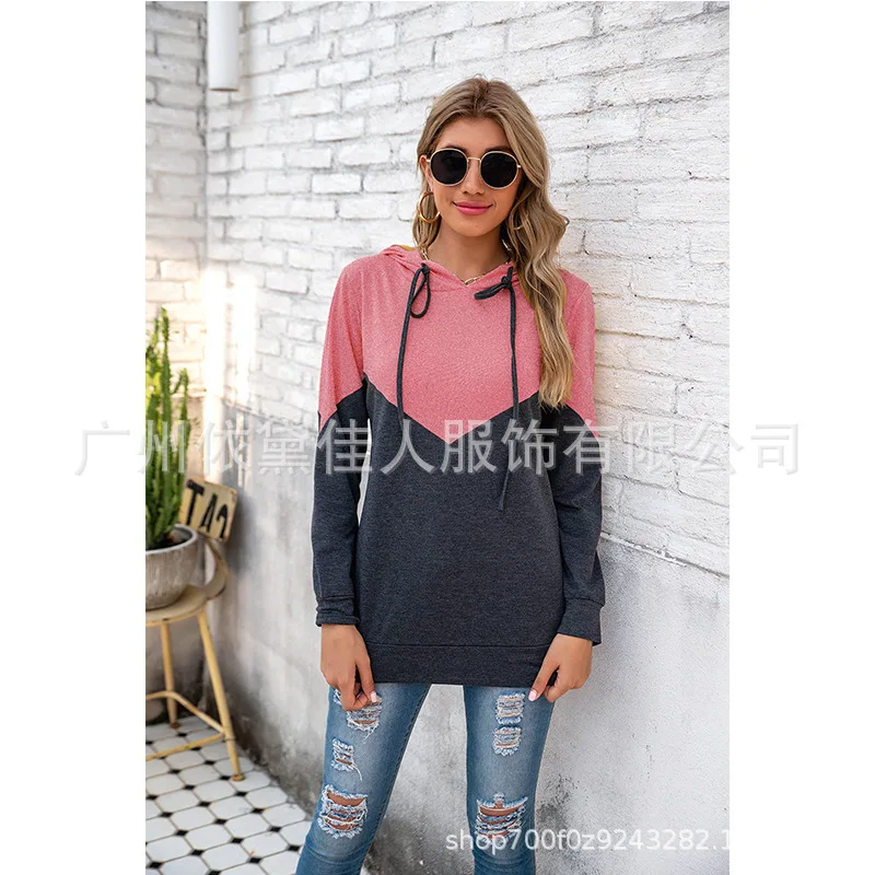 

2020 European and American foreign trade cross border new top women's Amazon popular hooded drawstring stitching contrast long