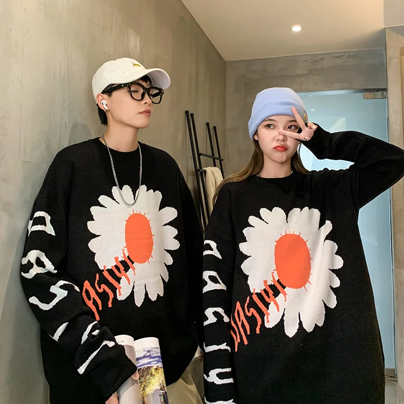 

Autumn and winter Korean version of the trend of color matching letters couple sweater loose lazy pullover personalized sweater
