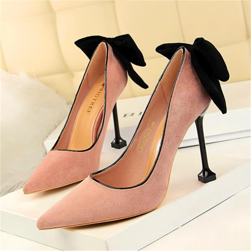 

MAIERNIS Sweet Solid Black Butterfly-knot Women's Shoes Pointed Toe Flock Show Thin Shallow Fashion High Heels 9.5cm Shoes Women