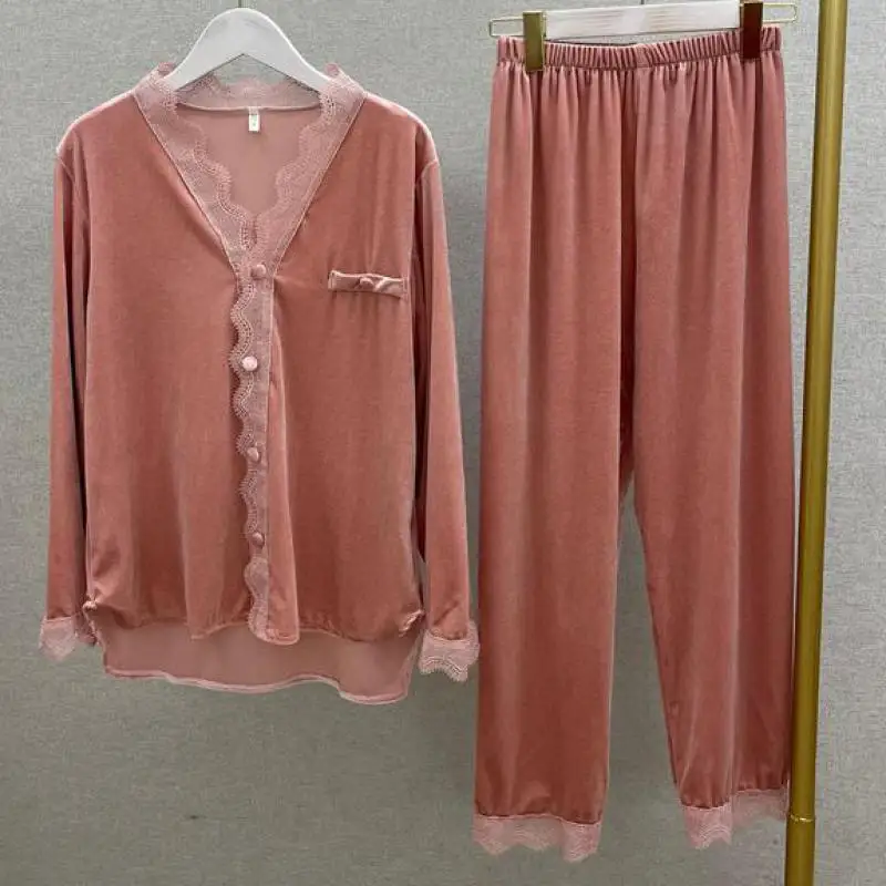 

Pink Lace Trim Pajamas Set Women Velour 2PCS Sleepwear Sexy V-neck Shirt&Pants Female Trousers Suit Velvet Pijamas Suit