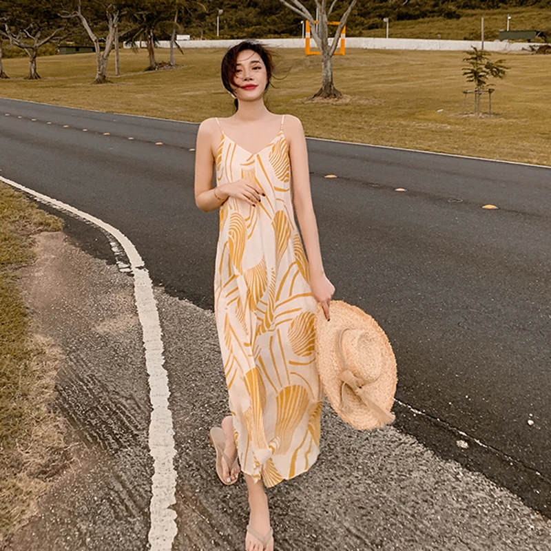 

Boho Casual Party Korean Runway 2021 Veastidos Summer 2020 Print Long Women Sundress Elegant Tropical Beach Sea Vacation Dresses
