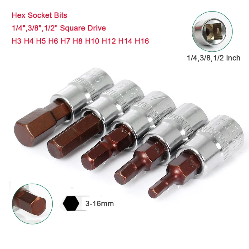 

1Pcs 1/4",3/8",1/2" Square Drive Hex Socket Bits H3 H4 H5 H6 H7 H8 H10 H12 H14 H16 Allen Screwdriver Bit Auto Repair Hand Tools