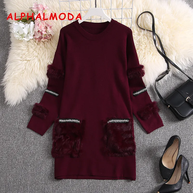 Женское вязаное платье ALPHALMODA зимнее платье-свитер с меховым карманом и длинными