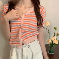 blouse women student cardigan striped round neck short sleeved sweater womens summer new korean style slim short top