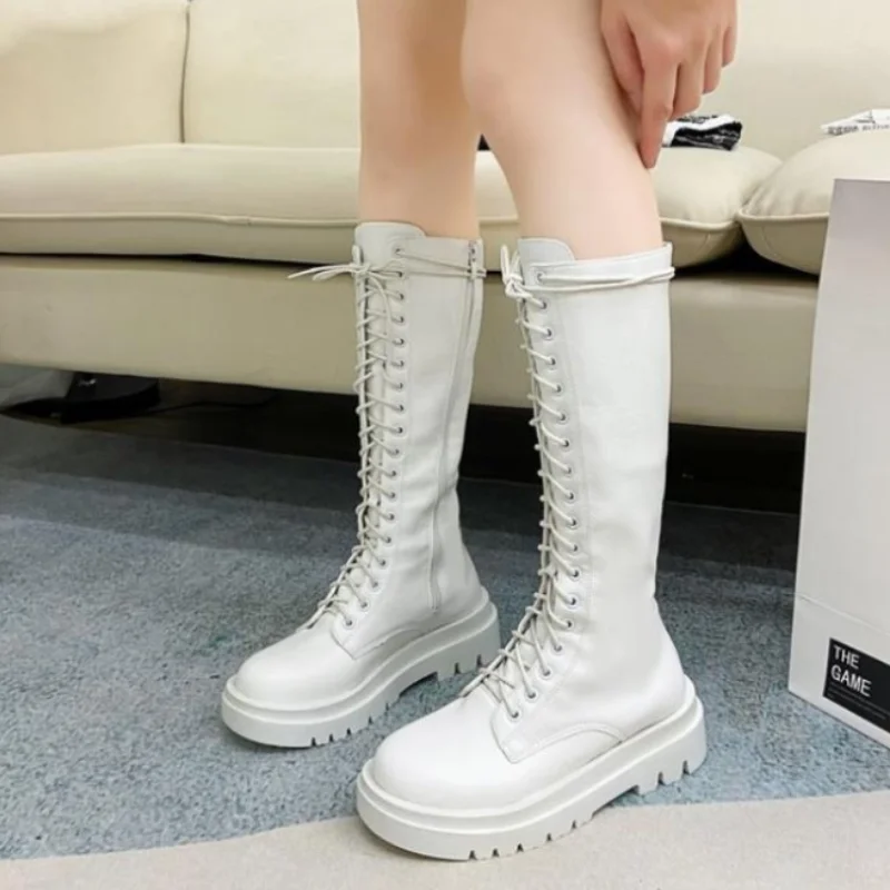 

Women Winter Martin Boots Knee Boots New Fashion British Style Lace-up Thick-soled Thick-heeled But Knee-thinLong Tube Boots